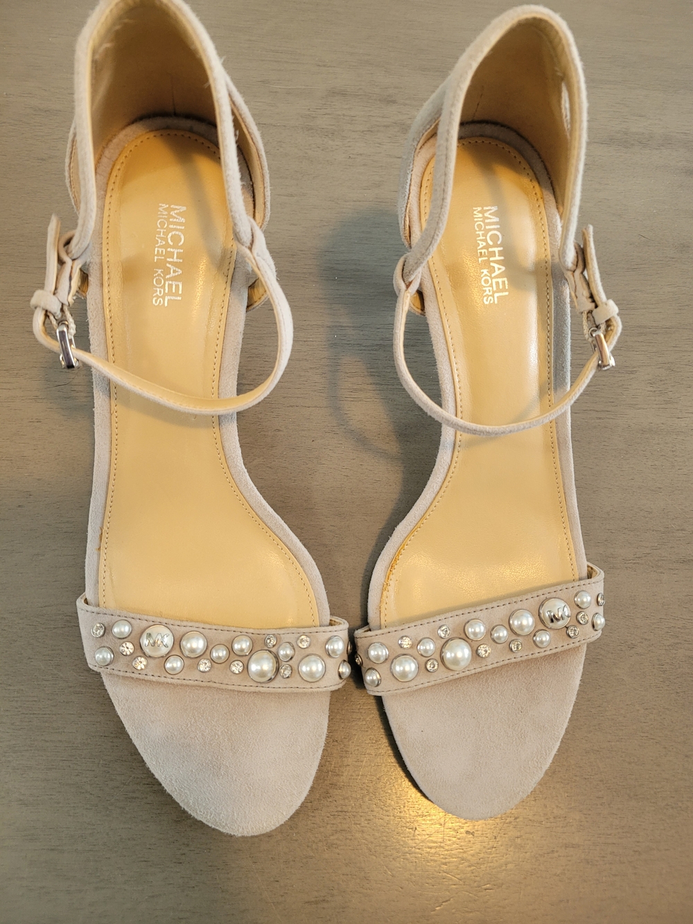 Michael Kors Pearl-Embellished Suede Ankle-Strap Heels in Light Beige